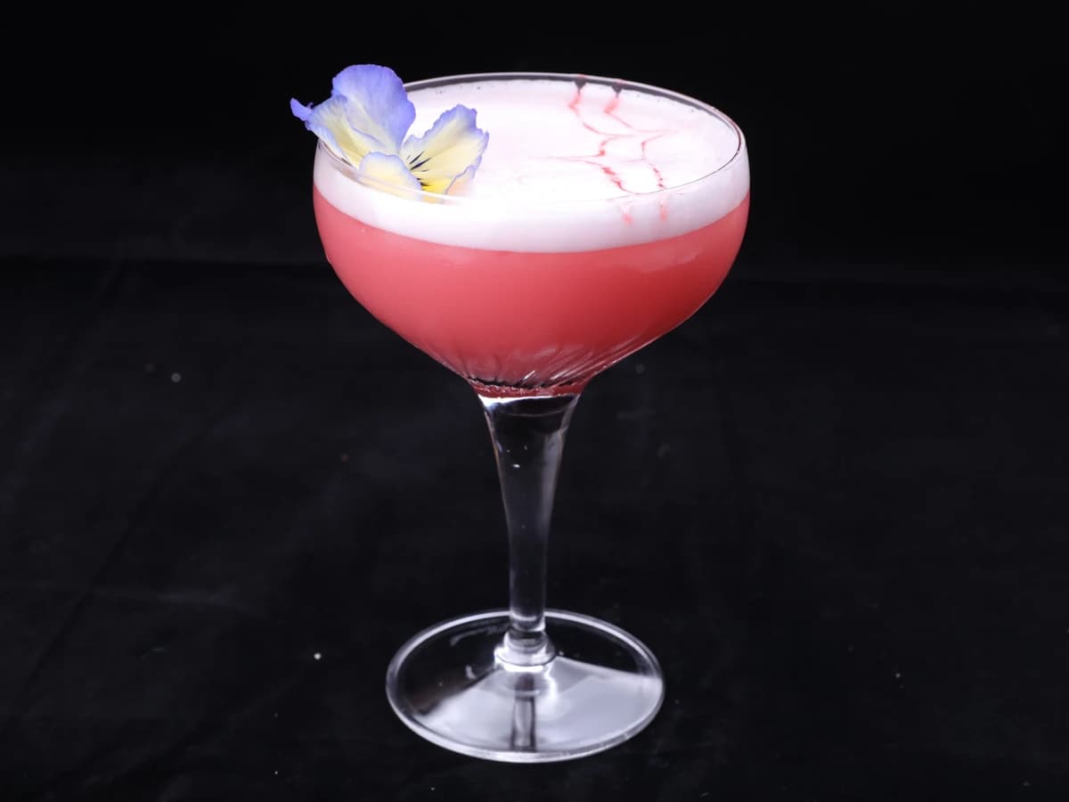 A pale pink Clover Club in a coupe glass with a frothy top and raspberries on a pick
