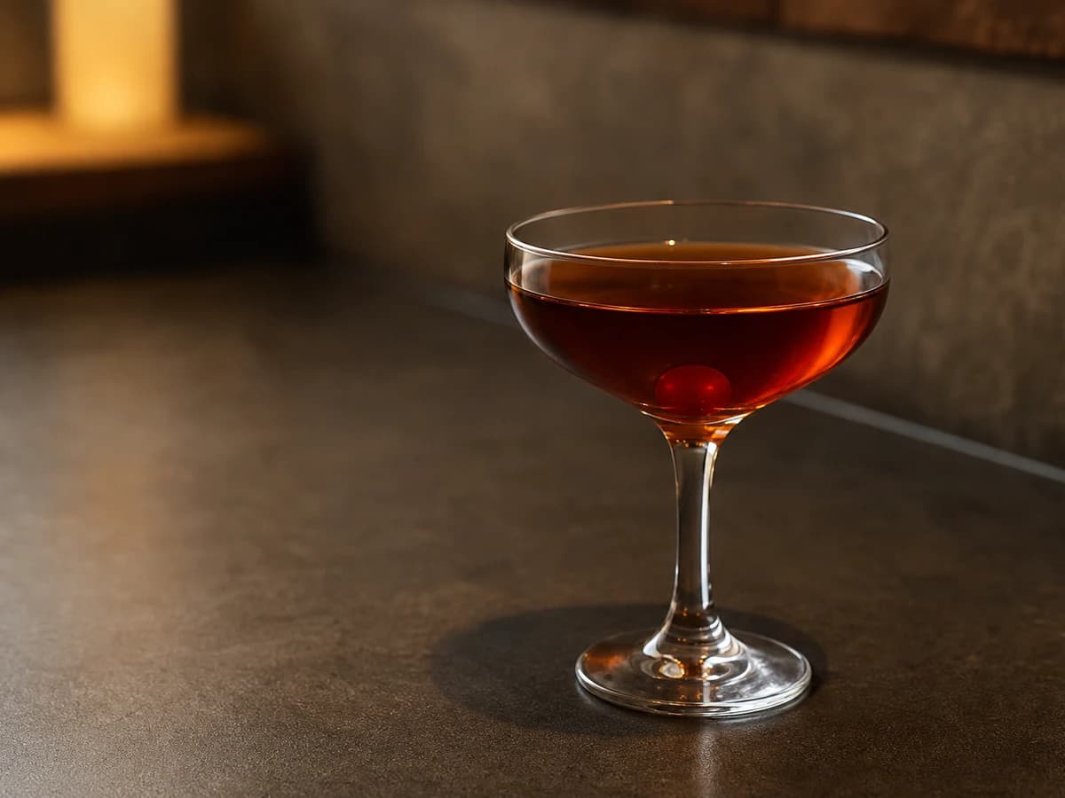 A Manhattan in a coupe glass with a maraschino cherry