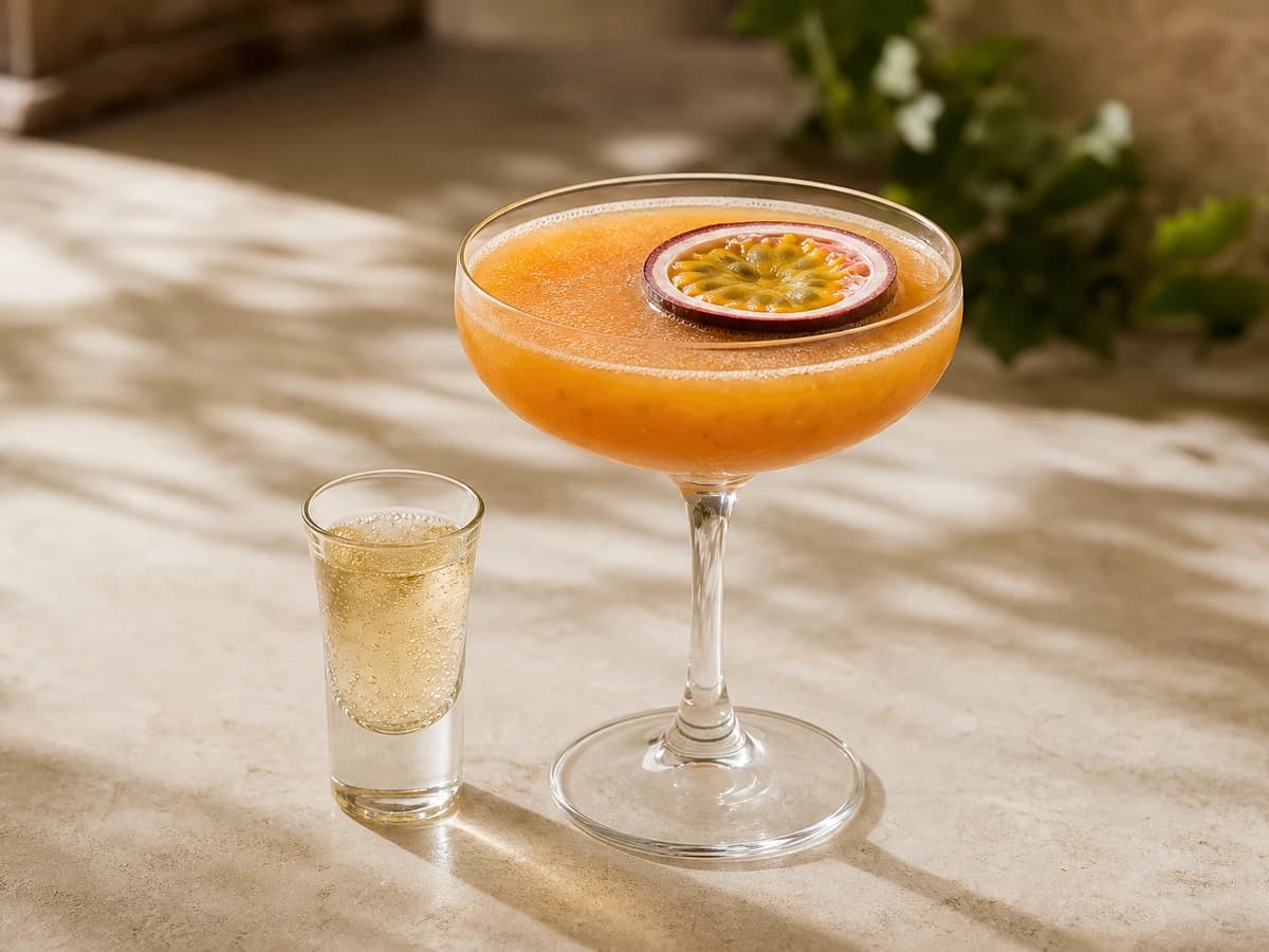 A Pornstar Martini in a coupe glass with a passion fruit half and a shot of sparkling wine alongside