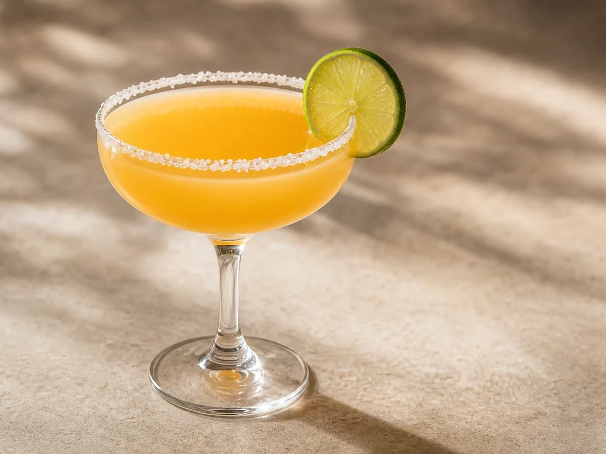 An alcohol-free Margarita in a salt-rimmed coupe with a lime wheel