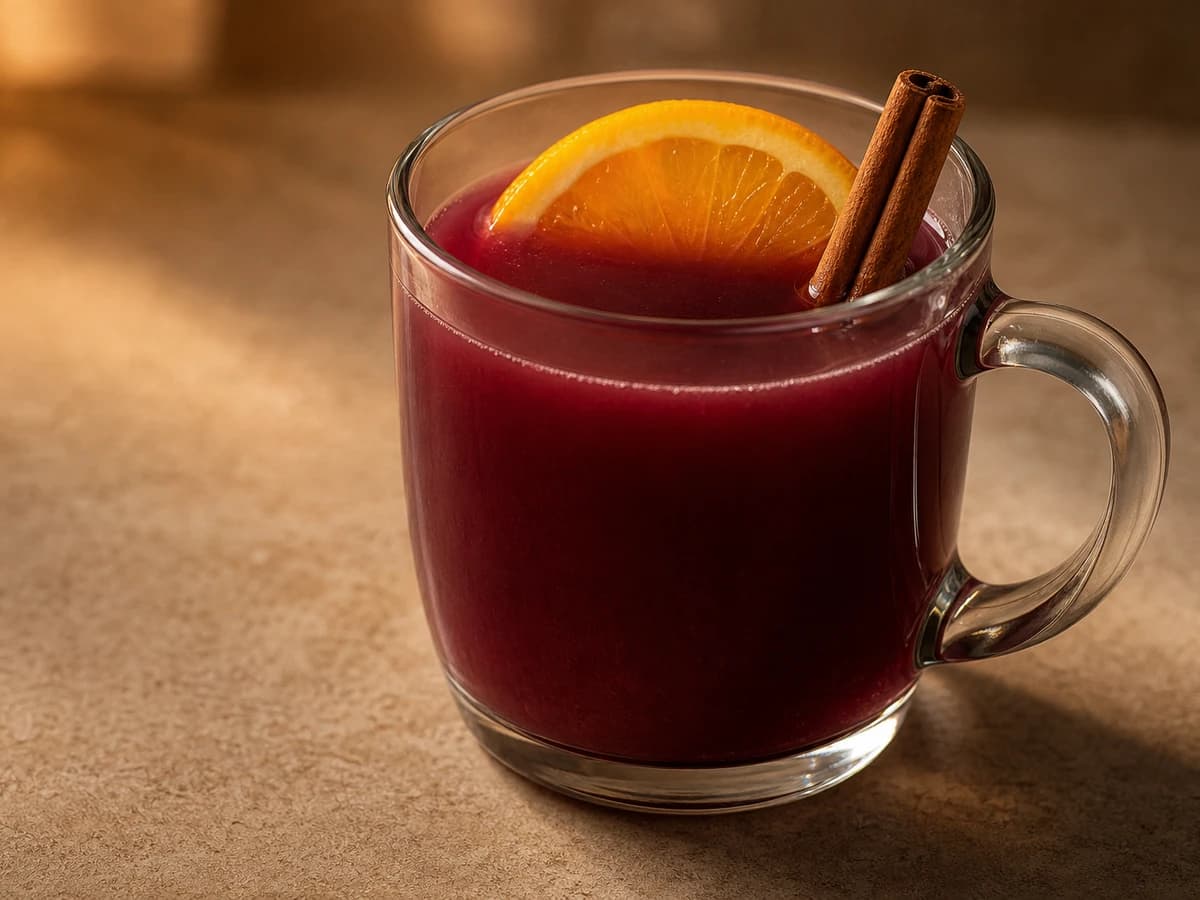 A mug of alcohol-free mulled wine with an orange wheel, cinnamon stick and cloves