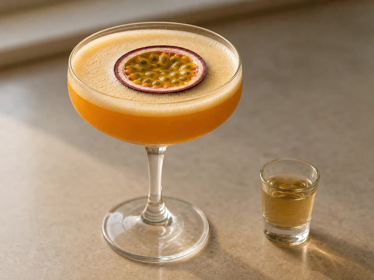 An alcohol-free passion fruit martini in a coupe with half a passion fruit on the foam, beside a small glass of sparkling wine