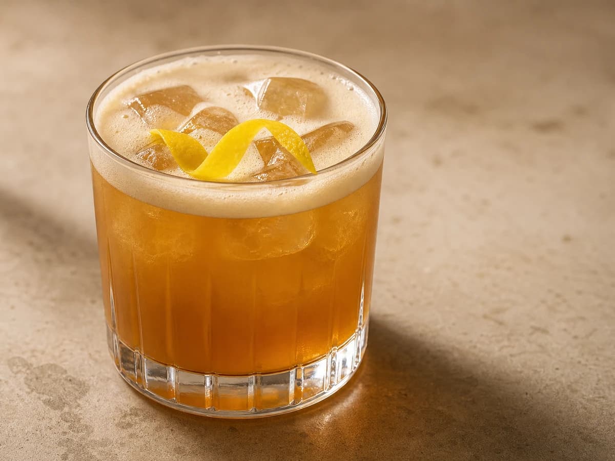 An alcohol-free whiskey sour in a rocks glass with a thick white foam and a dash of bitters on top