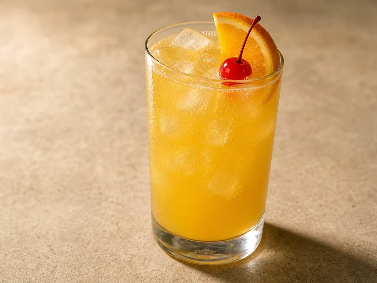 A Cinderella mocktail in a tall glass, cloudy gold with a pink grenadine base and a pineapple wedge
