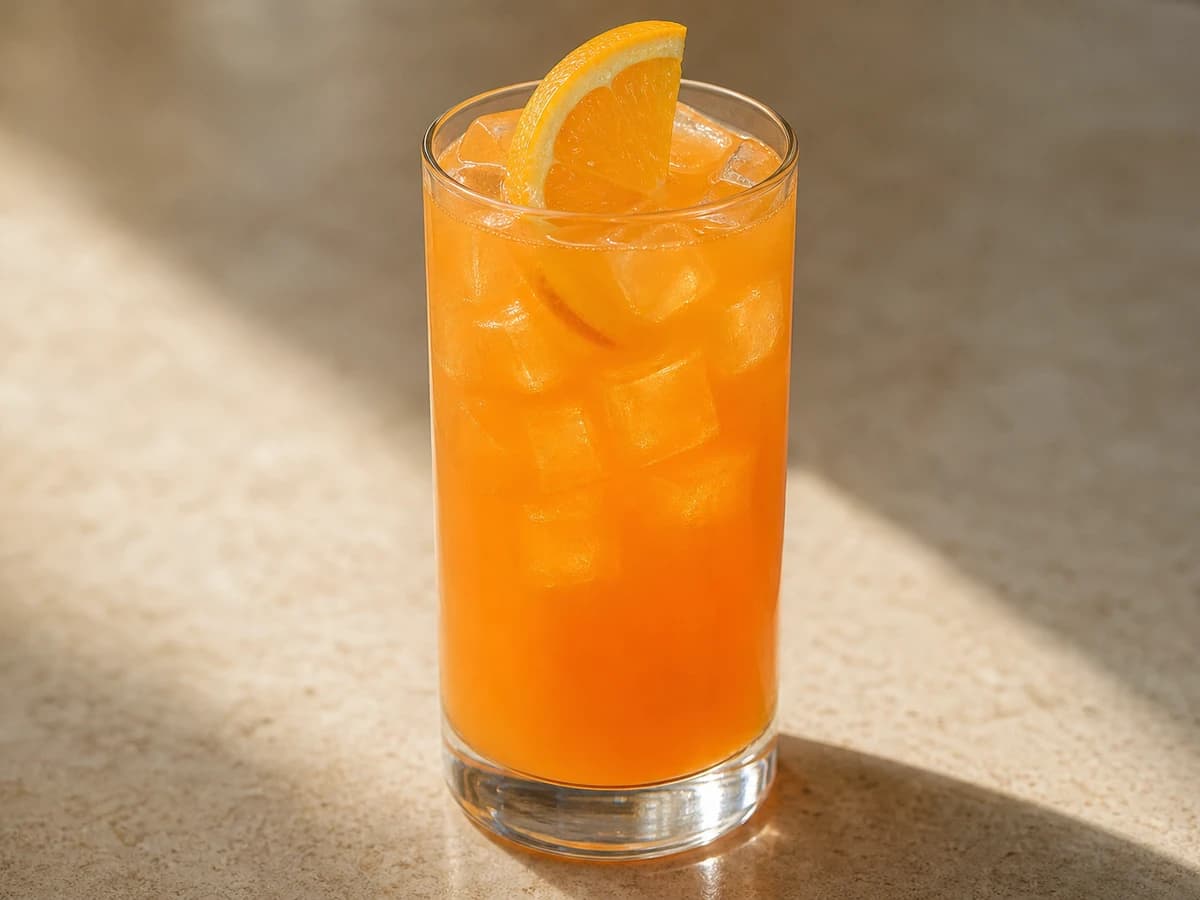 A Garibaldi in a highball glass, deep orange with a light foam on top