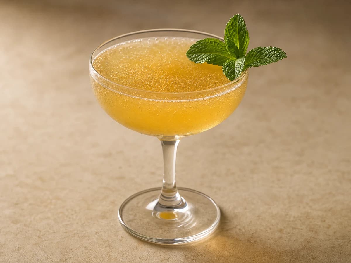 An Old Cuban cocktail in a coupe glass with a mint leaf floating on the foam