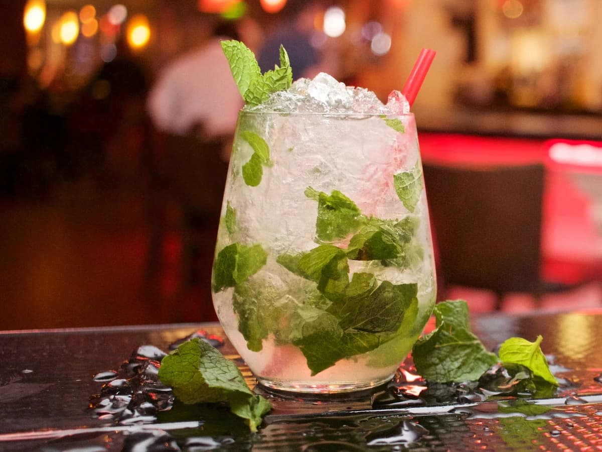 A Mint Julep in a frosted julep cup packed with crushed ice and a large mint bouquet
