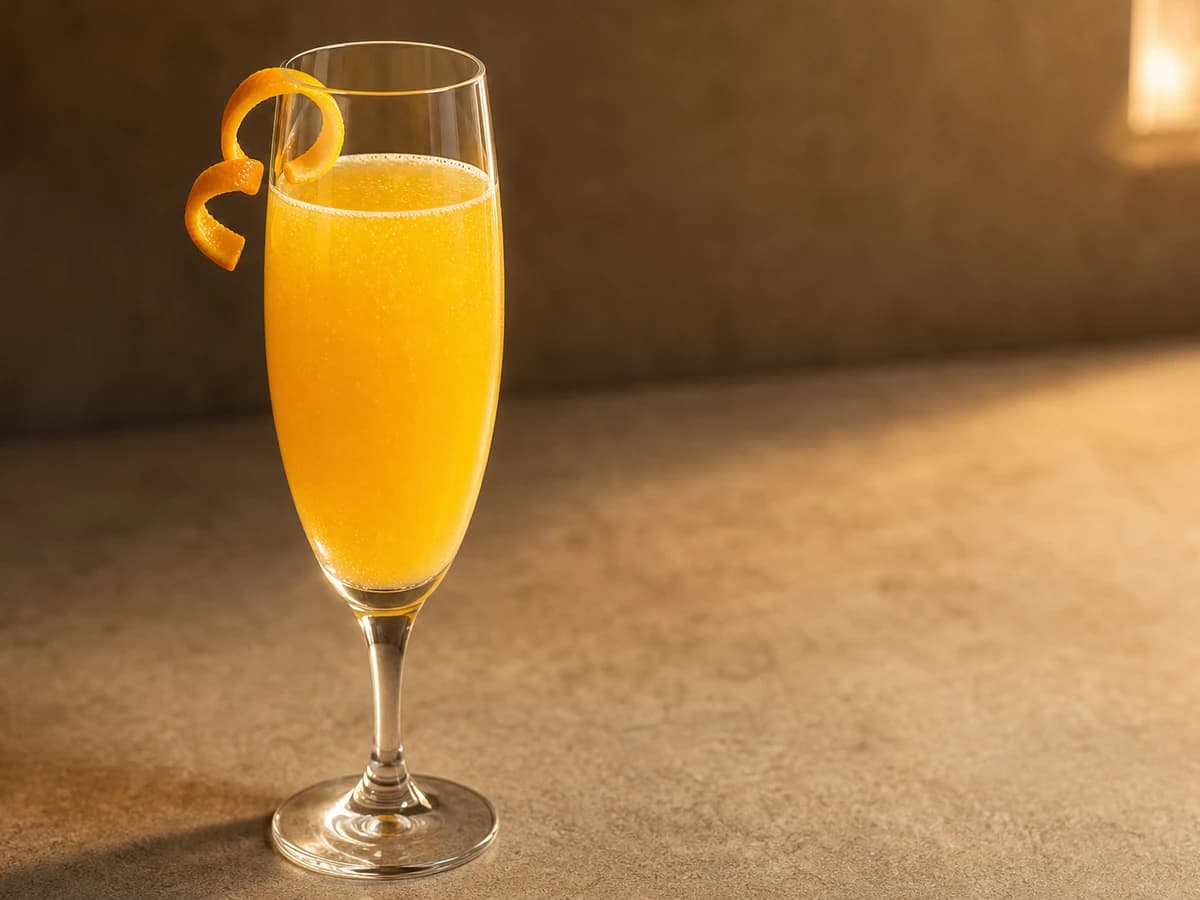 An alcohol-free Mimosa in a champagne flute, pale orange and fizzing