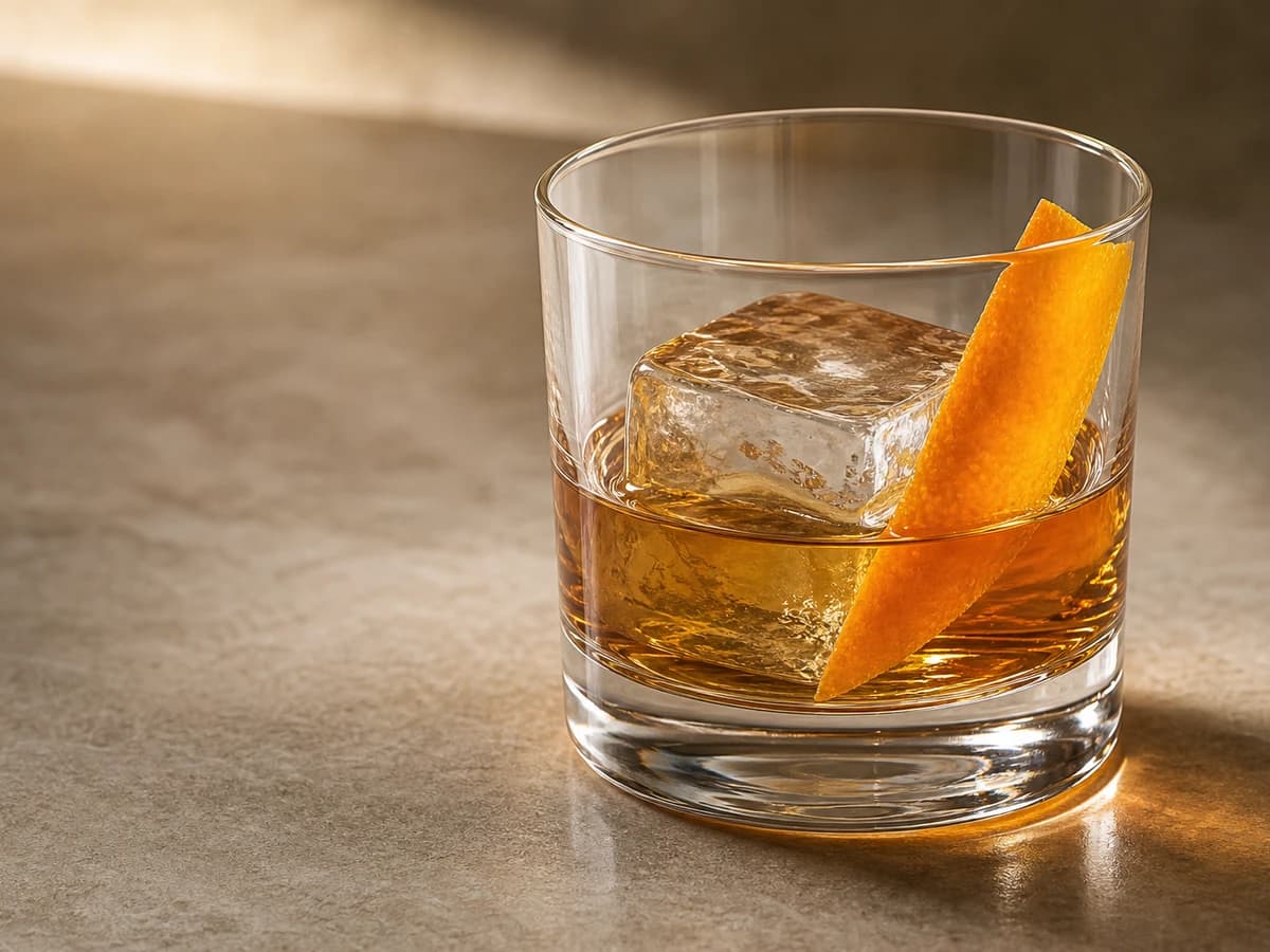 An Alcohol-Free Old Fashioned in a rocks glass with a large ice cube and orange peel