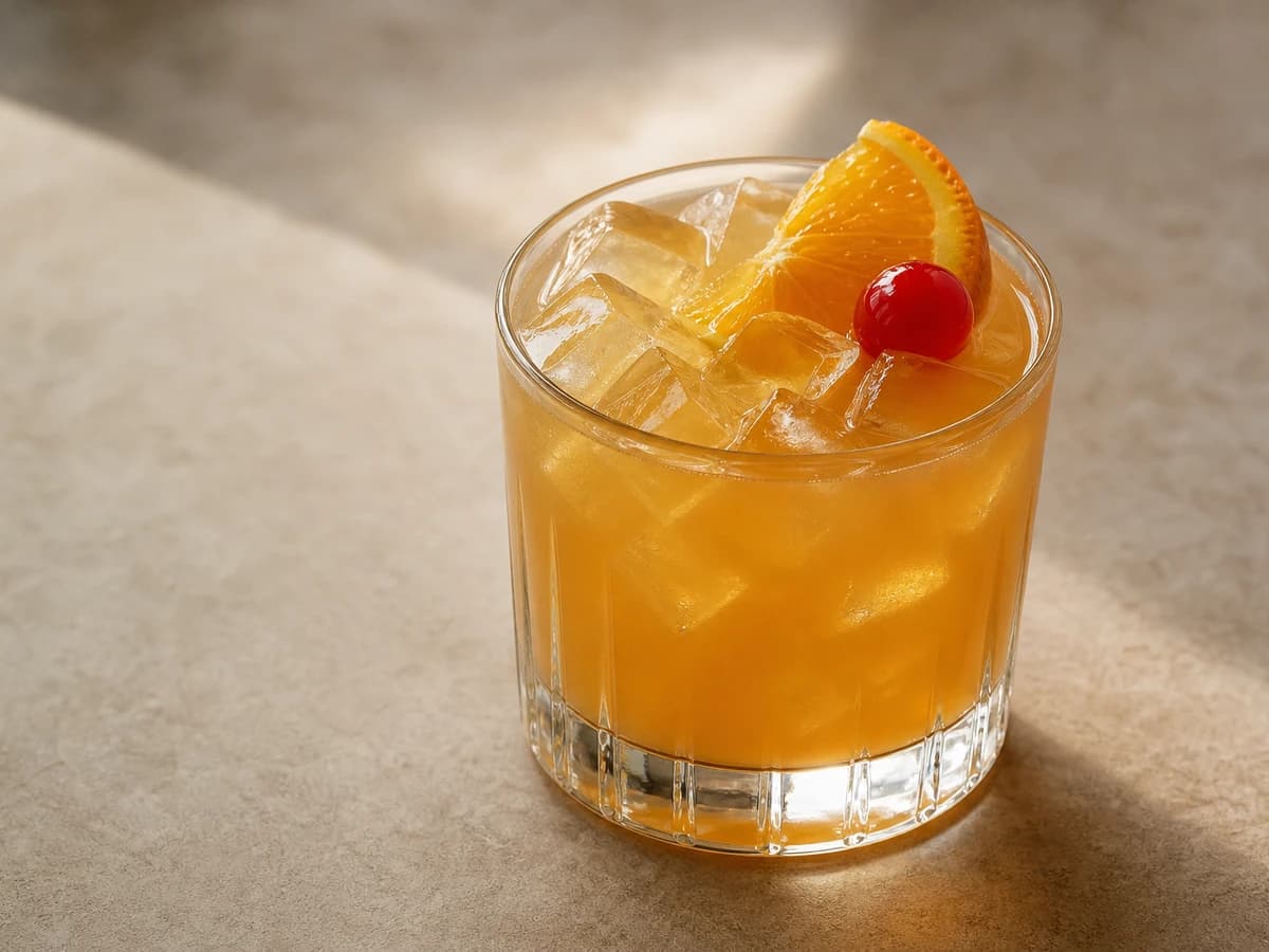 An Amaretto Stone Sour in a rocks glass with an orange slice and cherry
