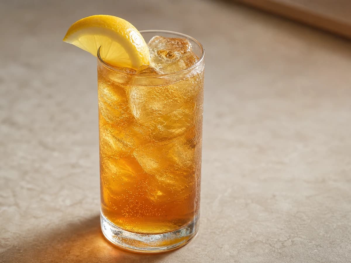 An Arnold Palmer in a tall glass with ice and a lemon wedge, the tea and lemonade slightly layered
