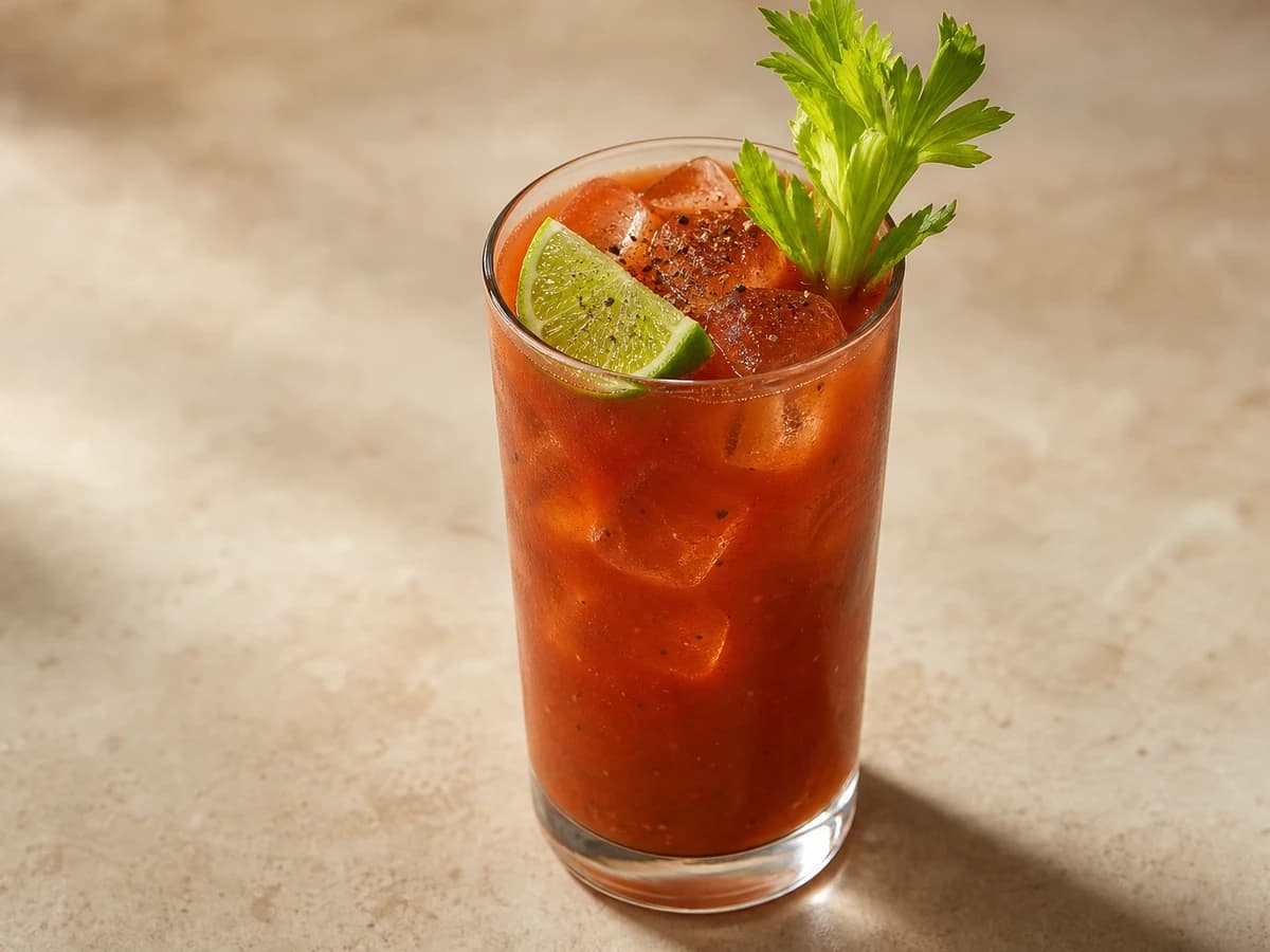 A Bloody Maria in a highball glass garnished with a celery stalk and lime wedge
