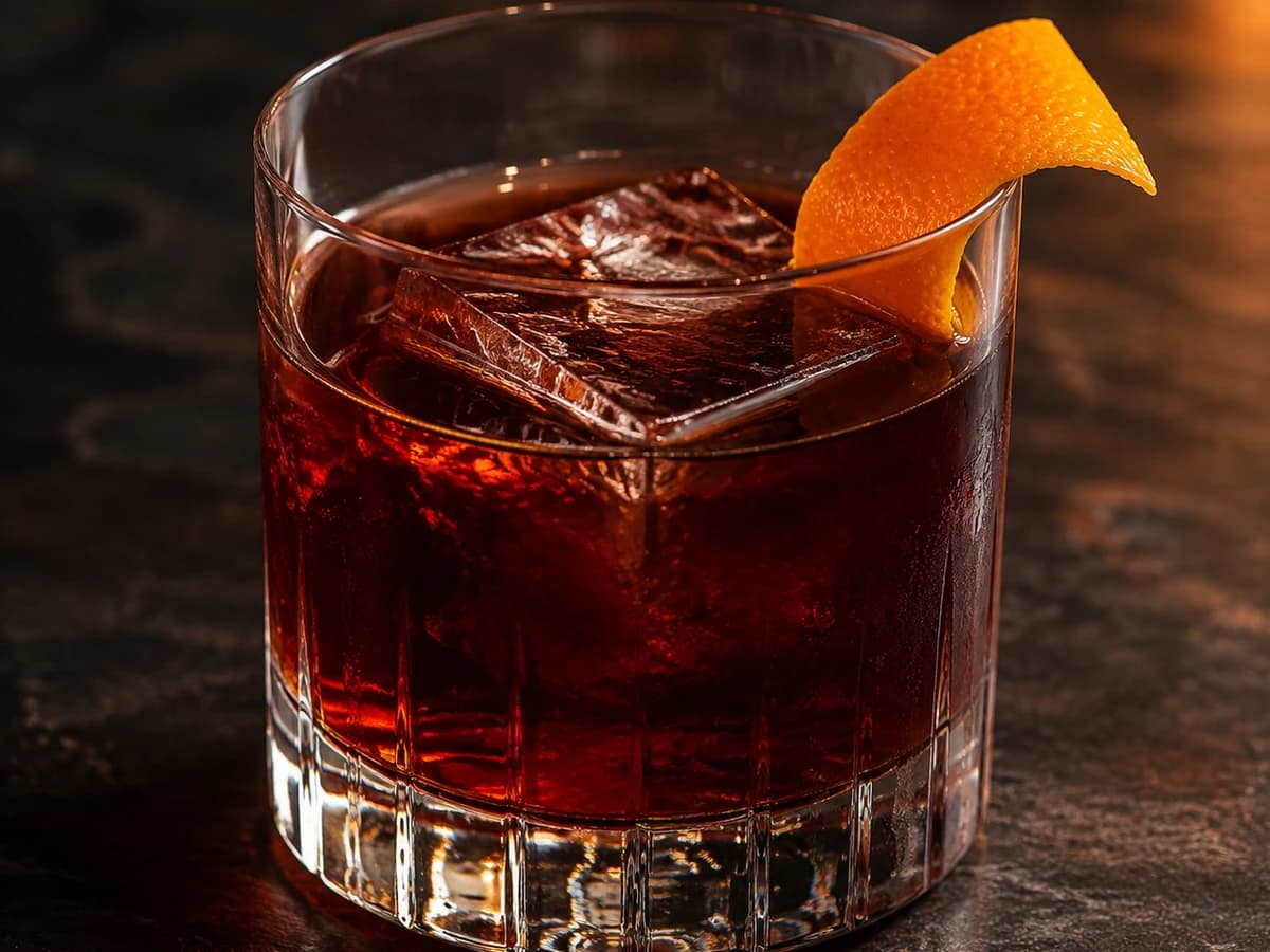 A Cold Brew Negroni in a rocks glass, dark red-brown over a large ice cube