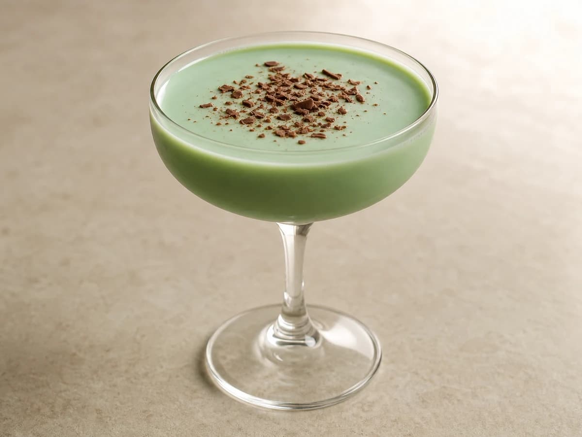 A pale green, frothy Grasshopper in a coupe glass