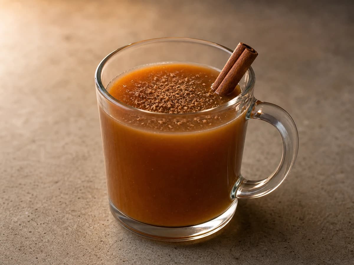 A Hot Buttered Rum in a heatproof mug with a pat of melting butter on top and a cinnamon stick