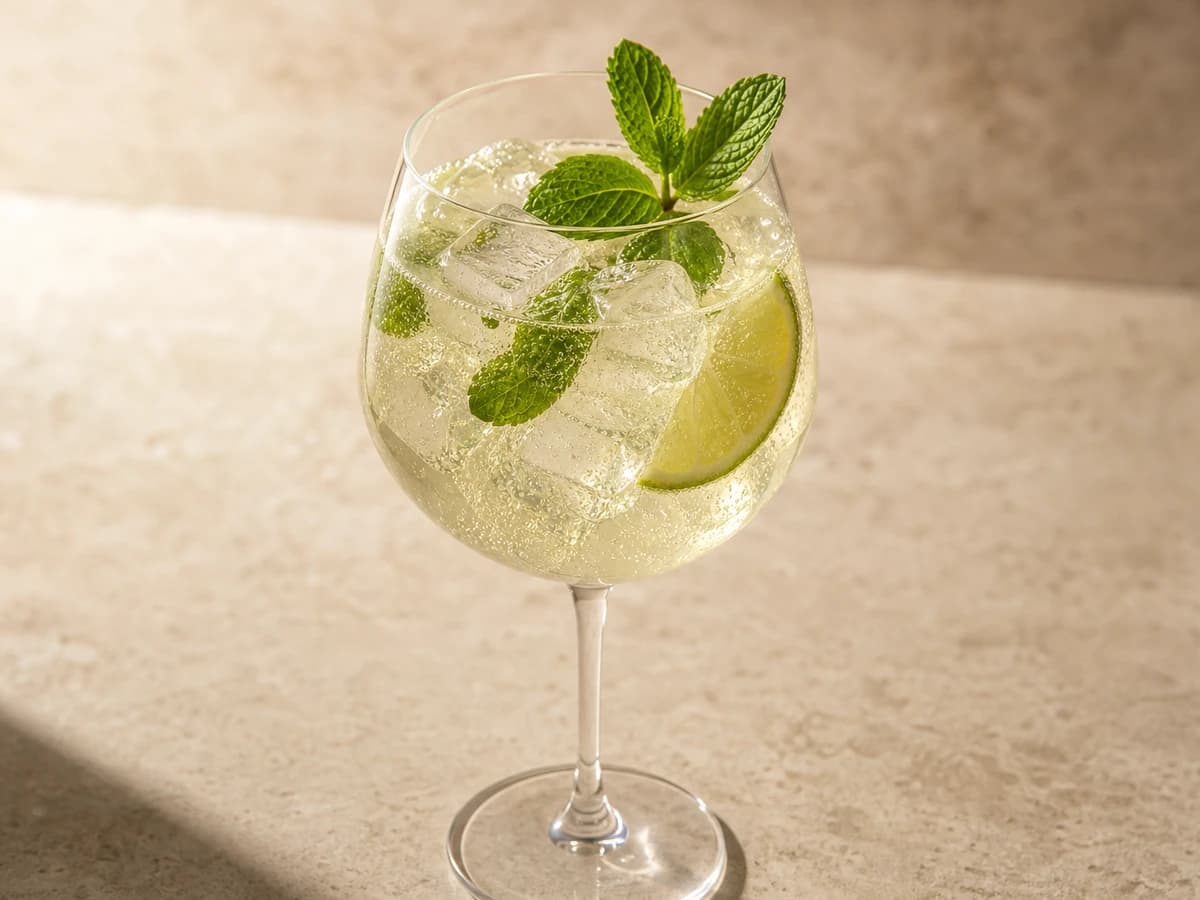 A pale, fizzy Hugo Spritz in a large wine glass with mint and a lime wedge