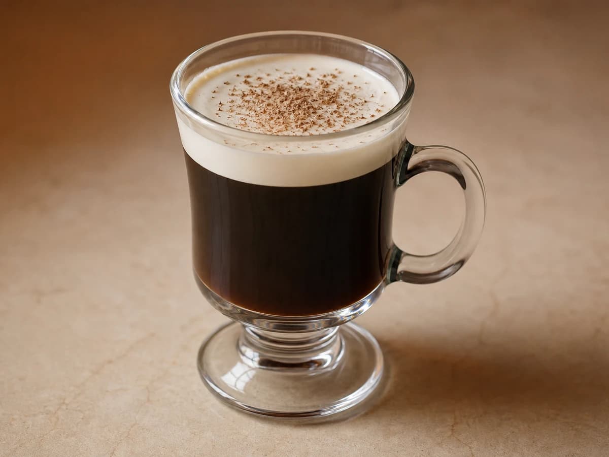 An Irish Coffee in a footed glass with a floated cream layer on top