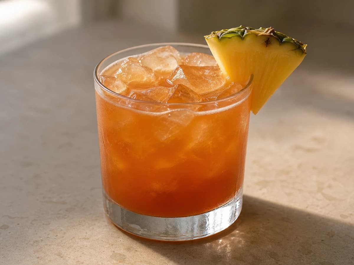 A Jungle Bird cocktail in a rocks glass over crushed ice with a pineapple leaf garnish