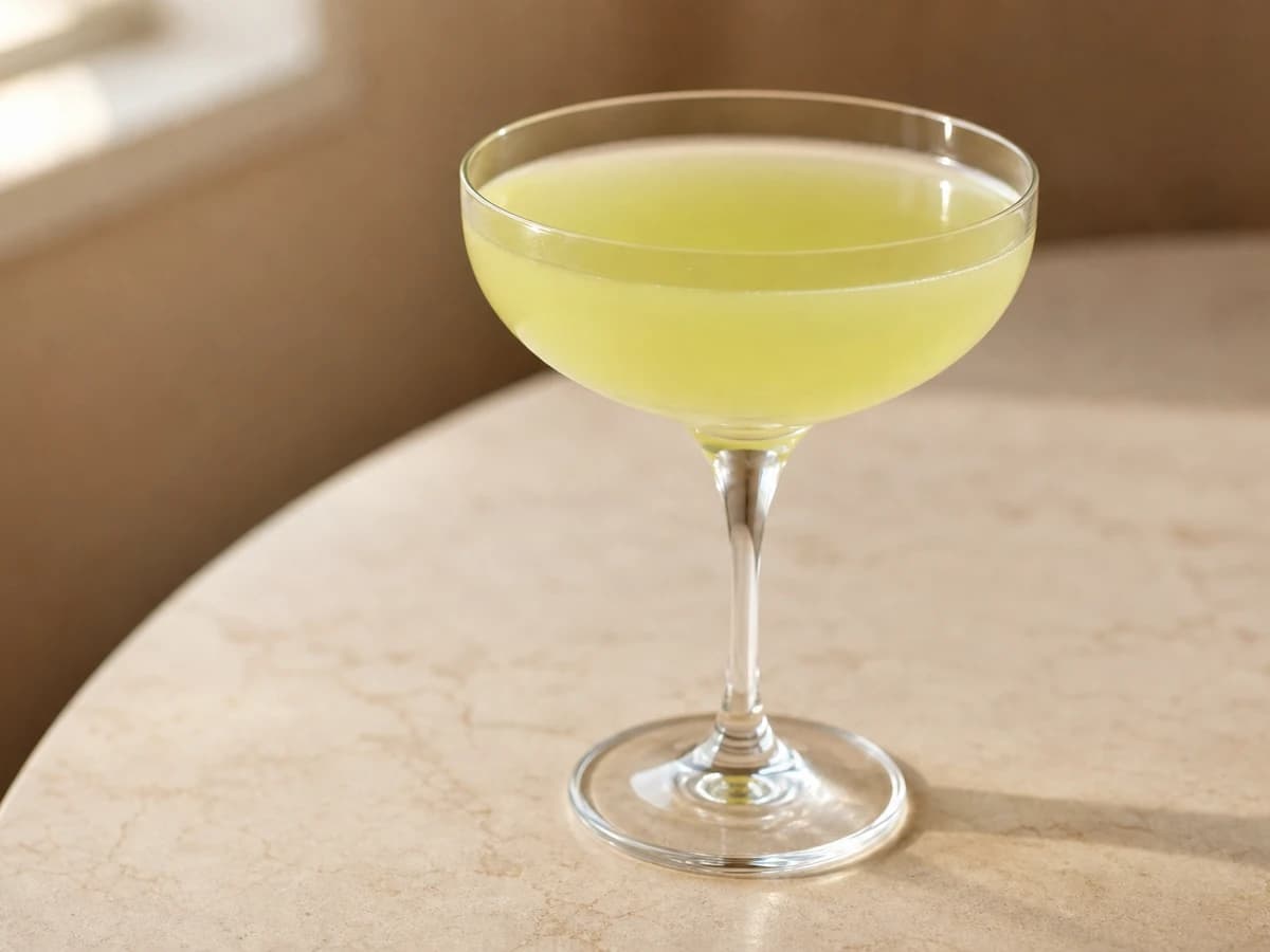 A Last Word cocktail in a coupe glass, pale green and clear