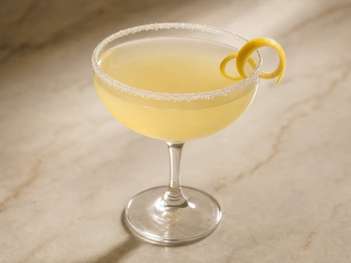 A sugar-rimmed Lemon Drop Martini in a coupe glass with a lemon twist