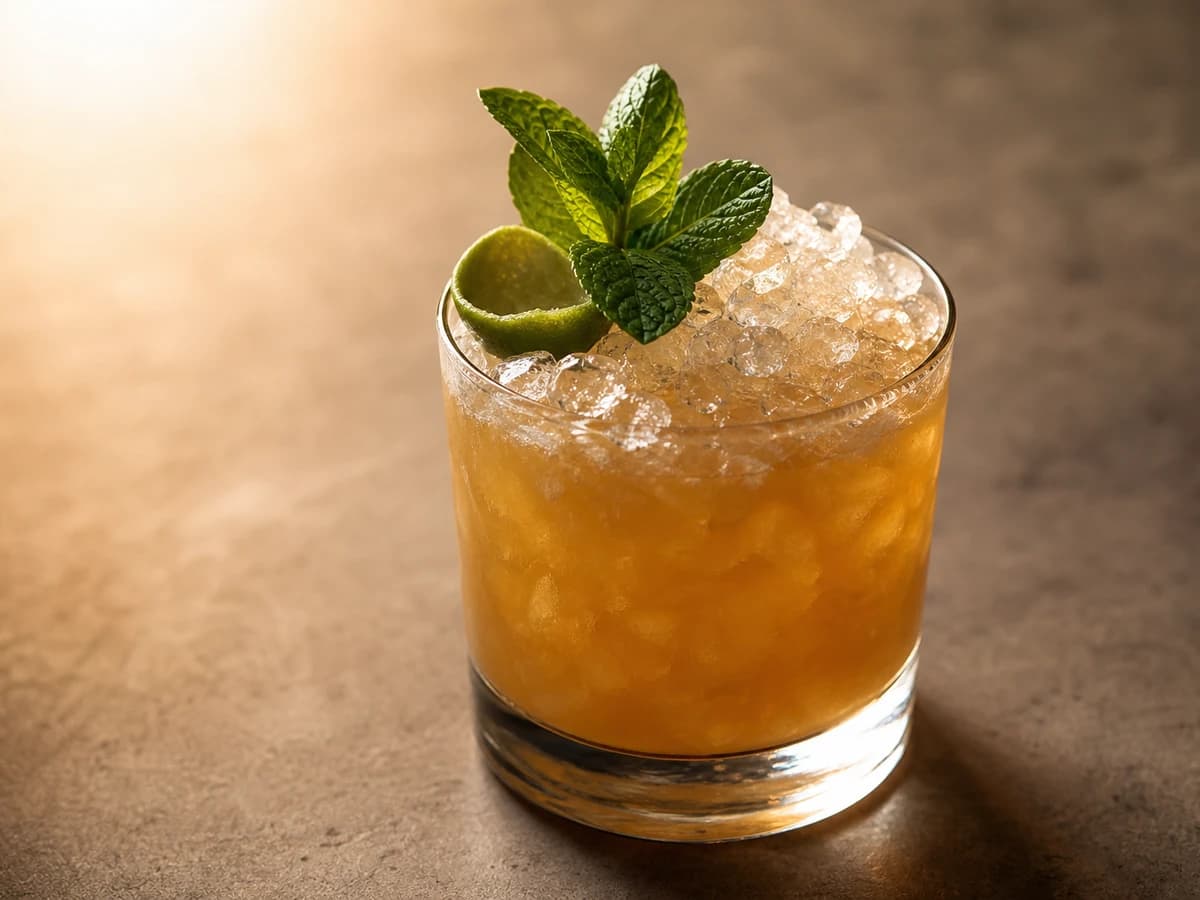 A Mai Tai in a rocks glass over crushed ice with a mint sprig and lime shell