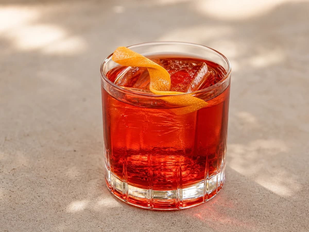 A Mezcal Negroni in a rocks glass with a large ice cube and an orange twist