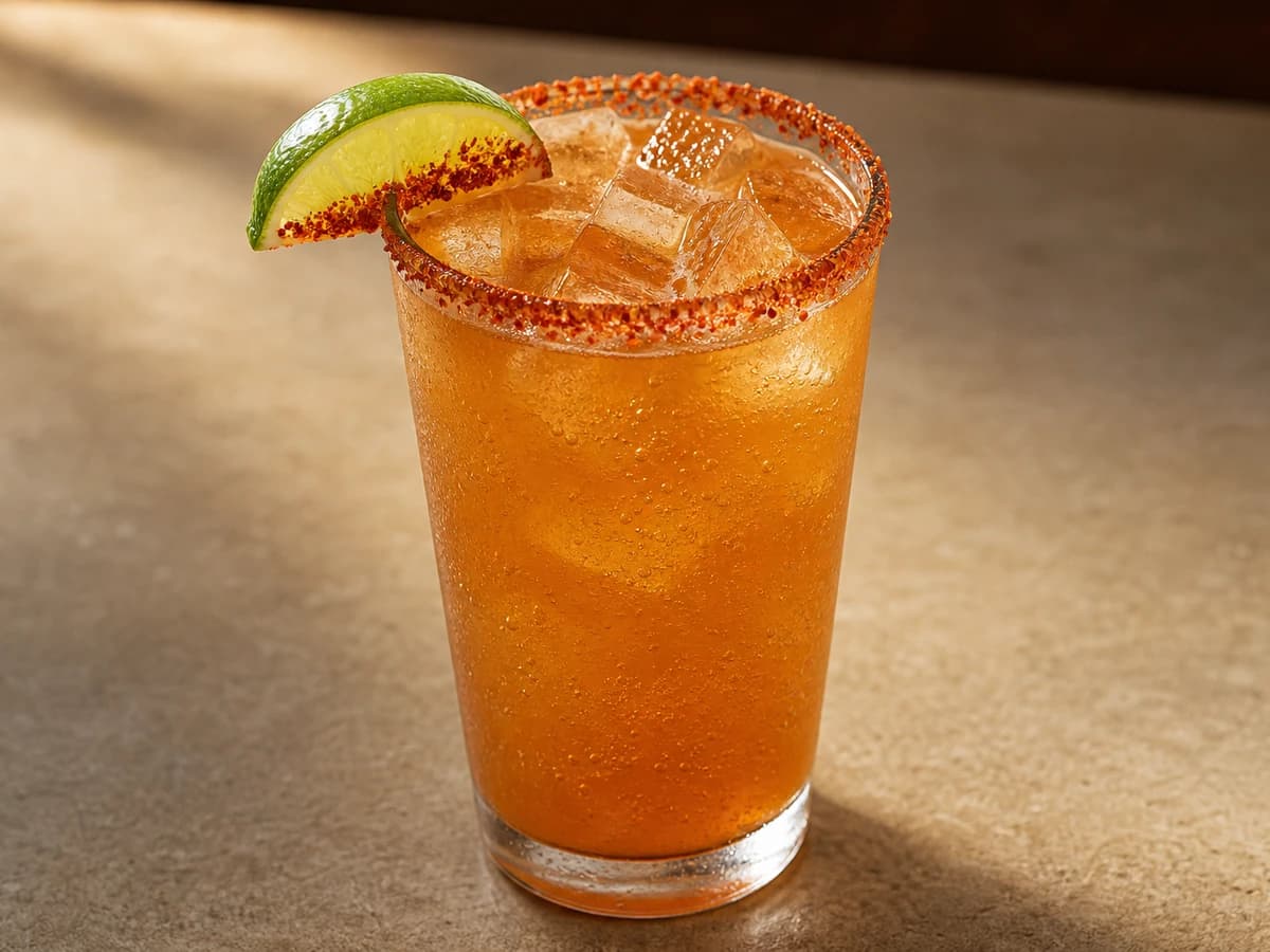 A michelada in a chilli-salt-rimmed pint glass with a lime wedge