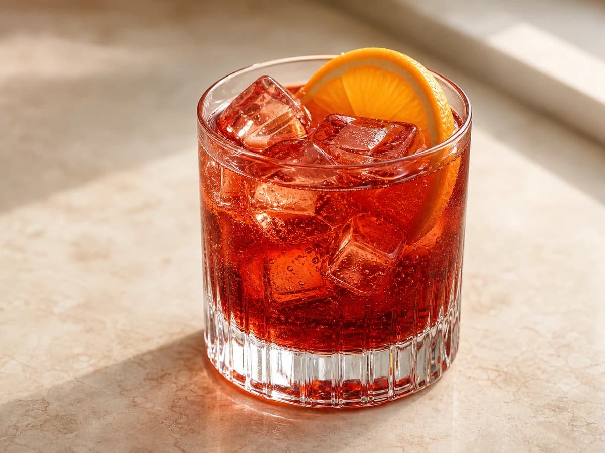 A Negroni Sbagliato in a rocks glass, fizzing gently, with an orange slice
