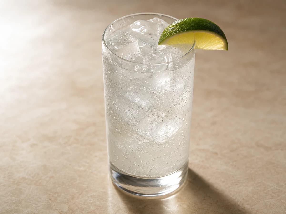 A Ranch Water in a highball glass with lime wedges and a bottle of sparkling mineral water alongside