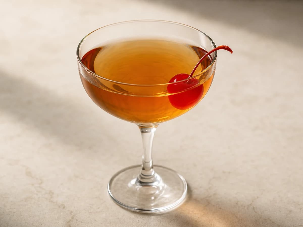 A Rob Roy in a coupe glass with a maraschino cherry